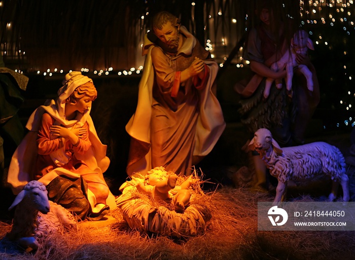 night shot of a nativity scene