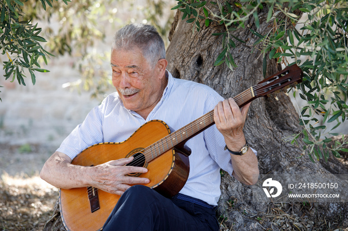 Uomo ottantenne suono sorridente una serenata a una signora  seduti allombra di un vecchio ulivo in