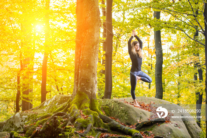 Yoga outdoors - sporty fit woman doing asana Vrikshasana in the autumn forest on the top of big boul