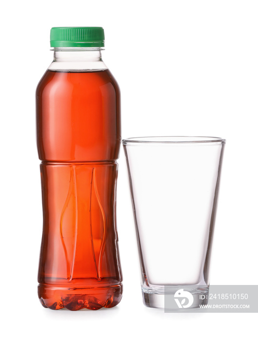 Bottle of fresh ice tea and glass on white background