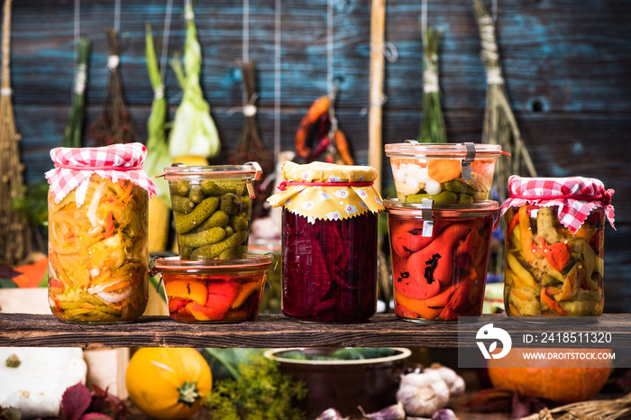 Variety of Marinated Pickled and Fermented vegetables food in jars