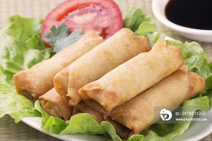 Traditional Chinese Spring Rolls with a dipping sause