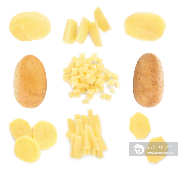 Collage with raw potatoes on white background