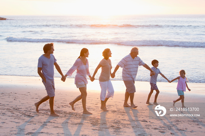 Multi-generation family holding hands and walking on sunny beach