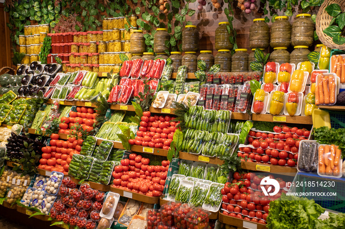 fruits and vegetables ready for sale at the greengrocer stall