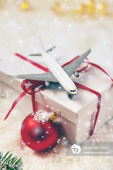 飞机圣诞背景。新年。选择性聚焦。