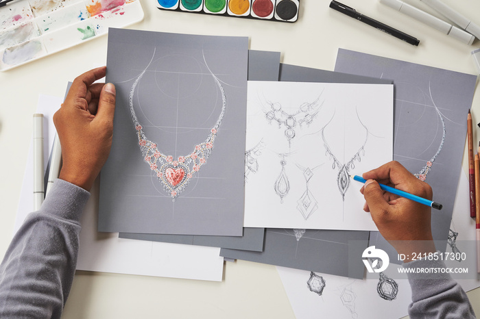 Designer design diamond jewelry drawing sketches making works craft unique handmade luxury necklaces