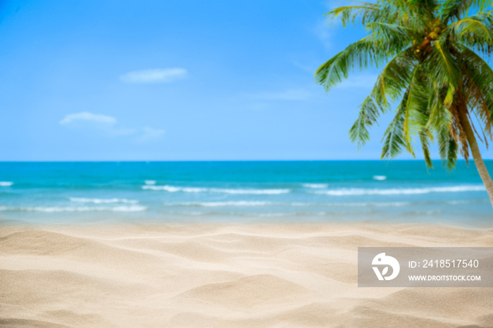 Beach with blurry blue ocean and sky,palm tree background ,Summer Concept .