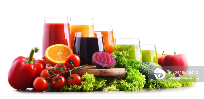 Glasses with fresh organic vegetable and fruit juices