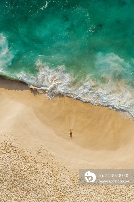 Fantastic drone view green ocean golden beach with a girl Kelingking Beach Nusa Penida Bali Indonesi