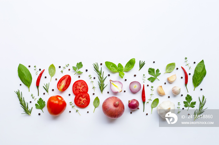 Various fresh vegetables and herbs on white background. Healthy eating concept