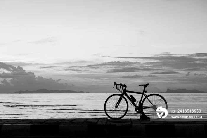 Silhouette bicycle on the beach sunset background,black and white tone