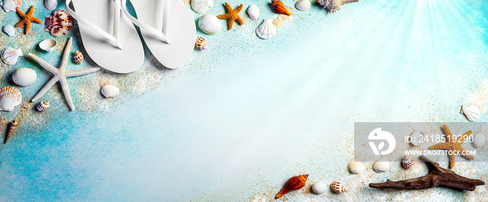 Seashells And Starfish On Blue Background With Flip-flops And Driftwood