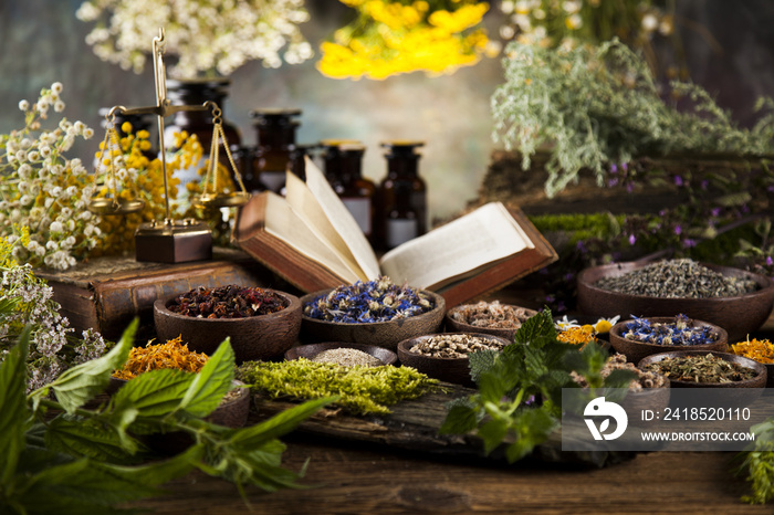 Herbal medicine on wooden desk background