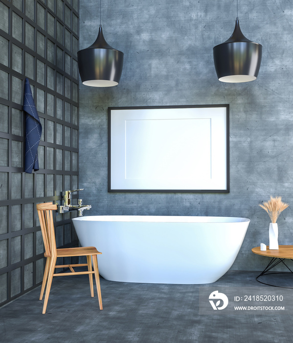 浴室浴缸顶部现代室内背景的模型海报框架，3D渲染，3D插图