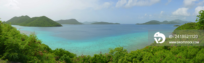 Aerial view of British Virgin Islands and Leinster Bay panorama, from Virgin Island National Park in