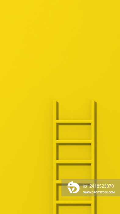 黄色背景上的黄色楼梯。楼梯垂直竖立在墙壁附近。成功之路