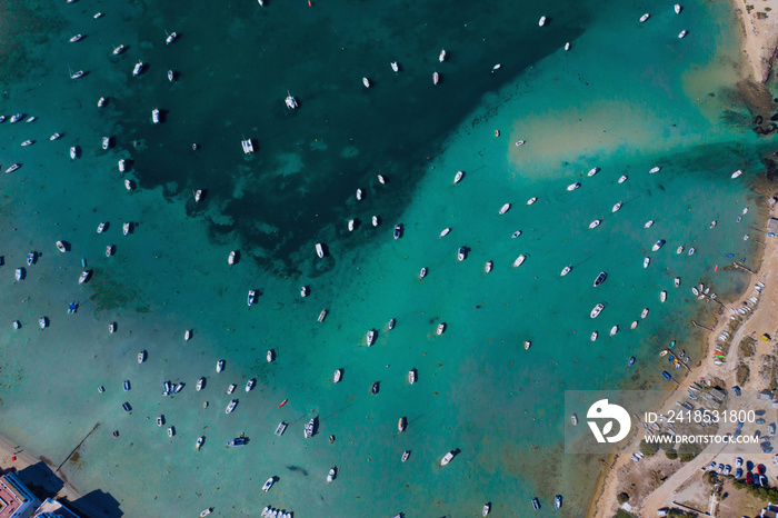 Beautiful turquoise bay at Formentera, aerial view.