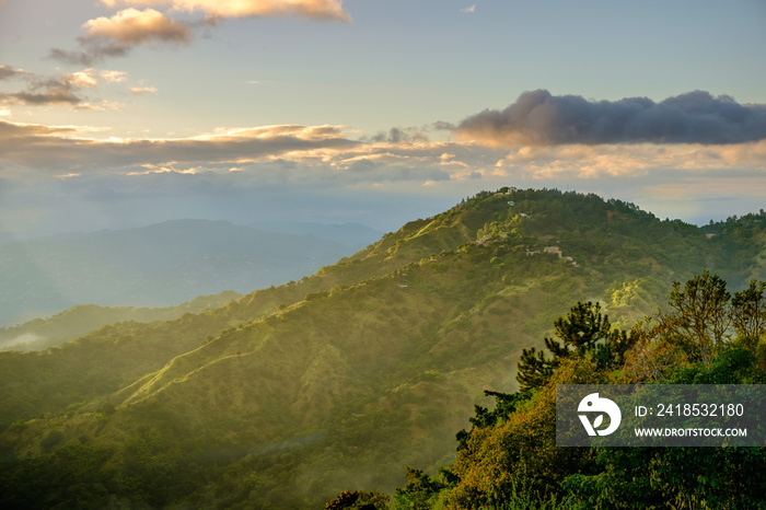 View from and of The Blue Mountains at sunset, Jamaica