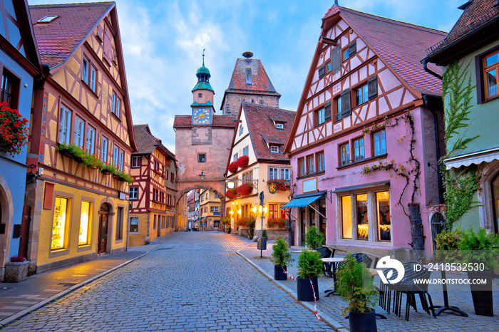 Cobbled street of historic town of Rothenburg ob der Tauber dawn view