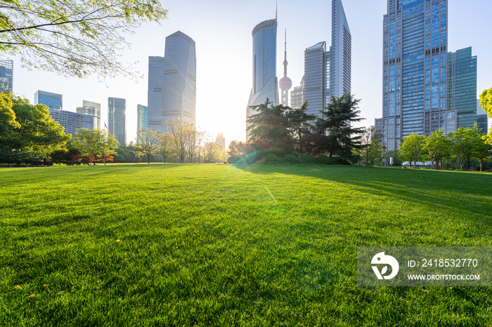 city skyline with park