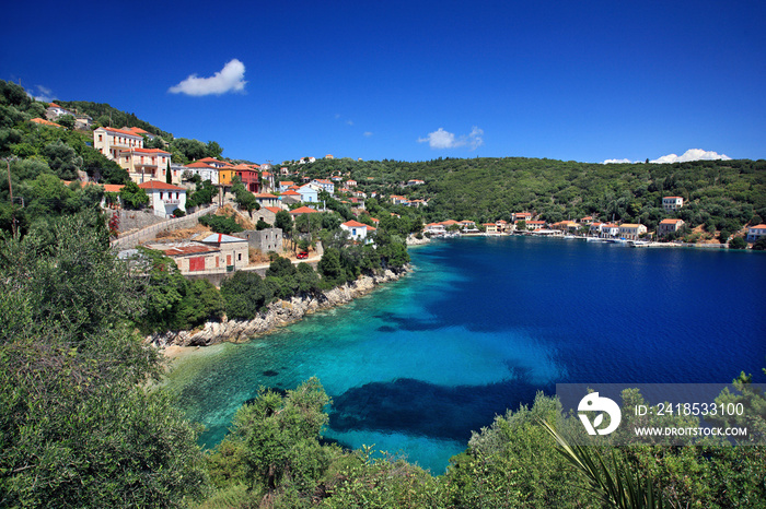  Kioni village, the most beautiful of Ithaca island.  Kefalonia prefecture, Ionian sea, Greece.