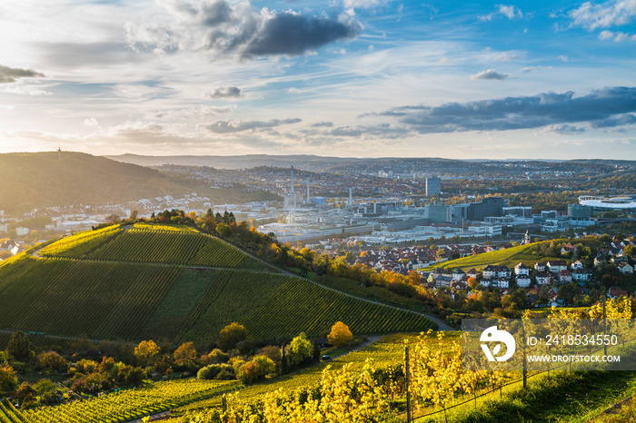 Germany, Stuttgart city panorama landscape view above vineyards into industrial quarter and arena at