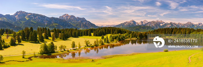 panoramic landscape with mountain range in Bavaria at springtime