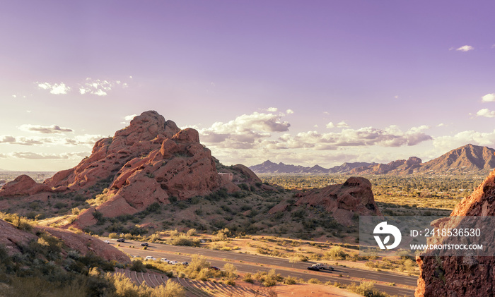 View of Phoenix, Arizona from Papago Park North towards Camelback Mountain