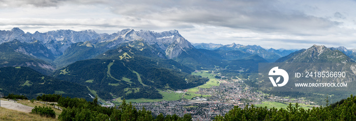 Panorama landscape view from the Wank with a detailed view of Garmisch Partenkirchen and the Zugspit