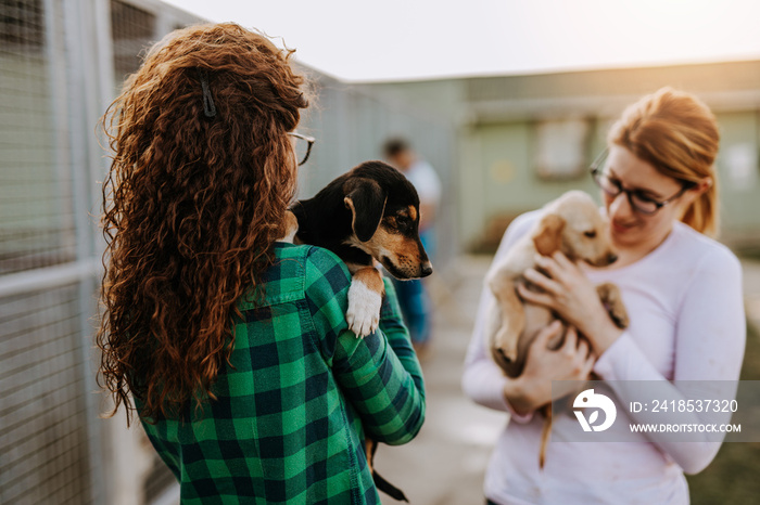 Two young adult women adopting beautiful dogs at animal shelter.