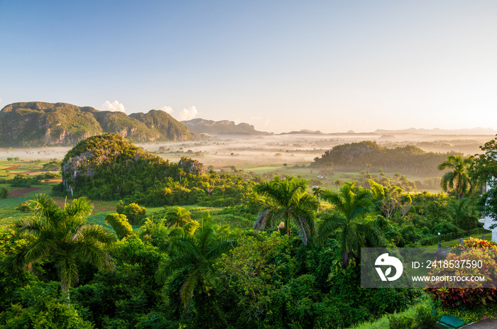 Limestone outcrops named Mogotes at Viñales Valley in near the western end of the island of Cuba is 