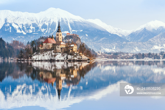 斯洛文尼亚Bled湖冬季景观