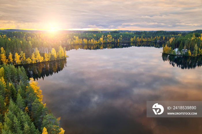 Aerial view of Harvinjarvi lake in Finland. Finnish nature. Beautiful gold autumn.