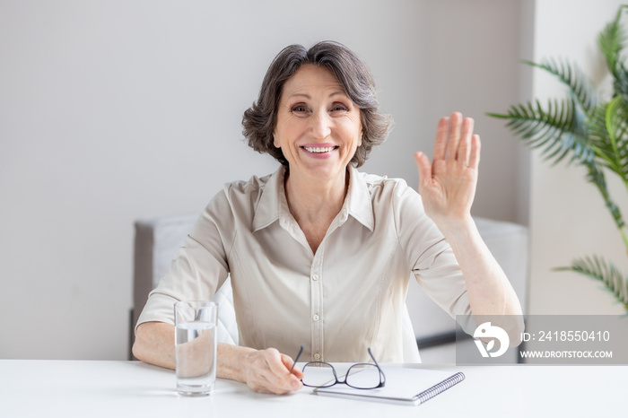 Head shot portrait caucasian aged businesswoman makes video call looks at camera and smiling, happy 