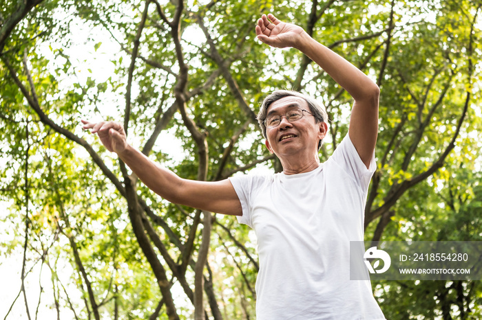 亚洲老人在公园里做体育锻炼。医疗保健概念