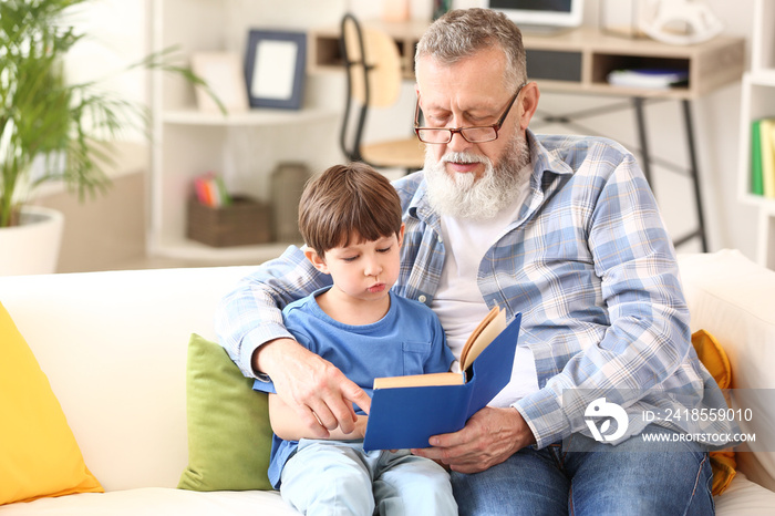 Cute little boy reading book with grandfather at home