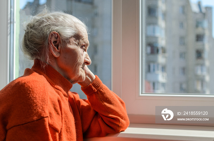 一个阳光明媚的日子，一位老妇人望着窗外