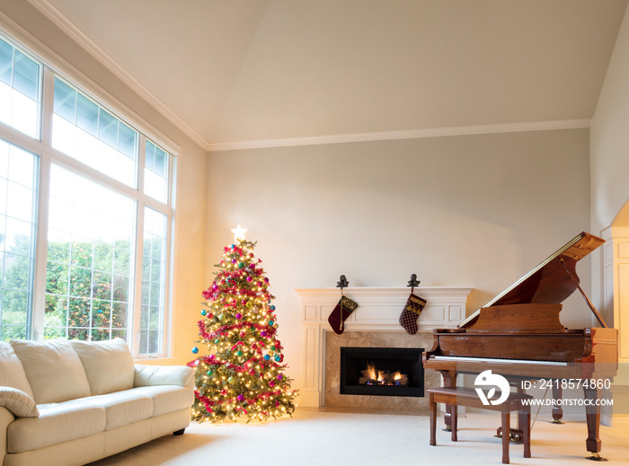 用圣诞树和悬挂的袜子装饰的客厅