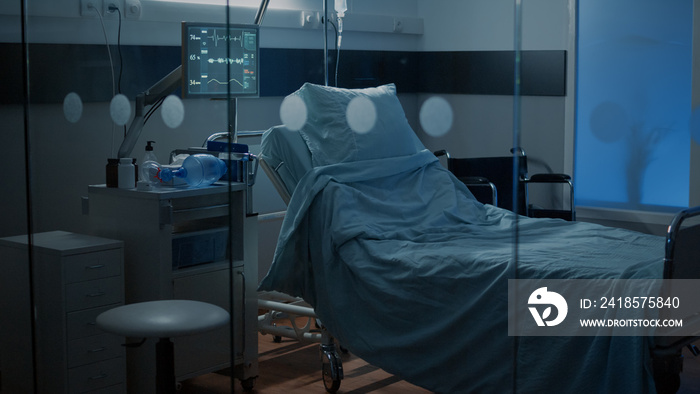 Empty intensive care room on hospital floor with nobody in bed. Emergency ward used for healing illn