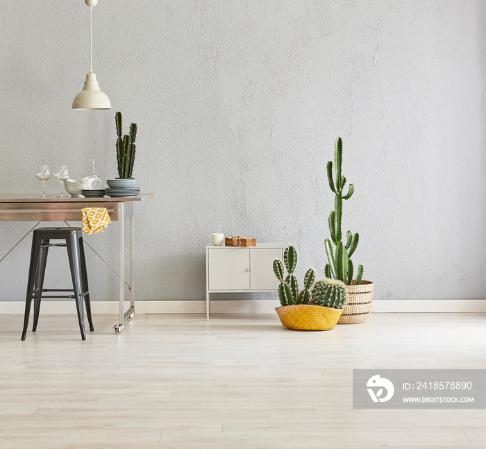 Kitchen grey detail interior style with table chair and cabinet.