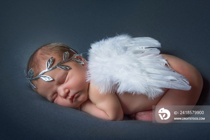 Newborn angel sleep calm on belly