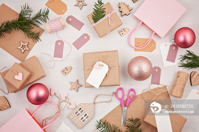 Creative hobby mockup. DIY Christmas handmade greeting cards, decoration. Process of christmas gifts