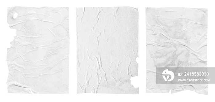 Blank white crumpled and creased paper poster texture isolated on white background