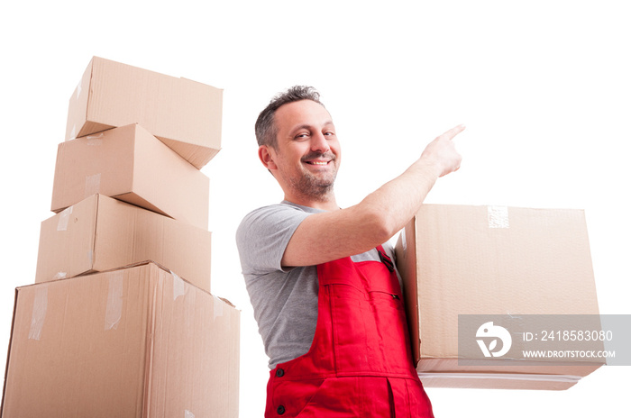 Low angle of mover man holding box pointing up