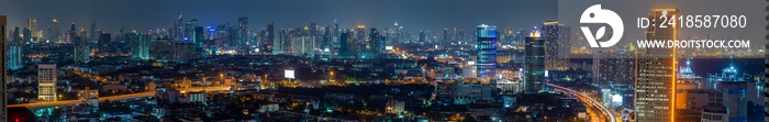 Panorama view of Bangkok business district at night time.