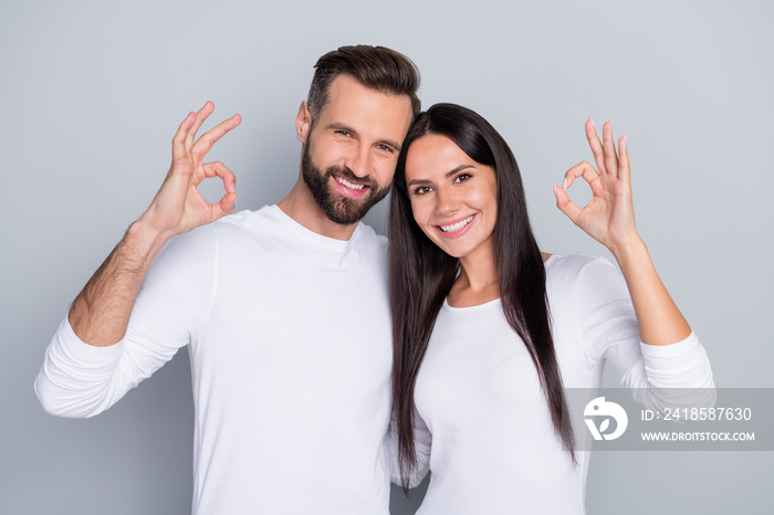 迷人的、快乐的夫妇拥抱的肖像，显示ok标志广告，同意信任隔离在g之上