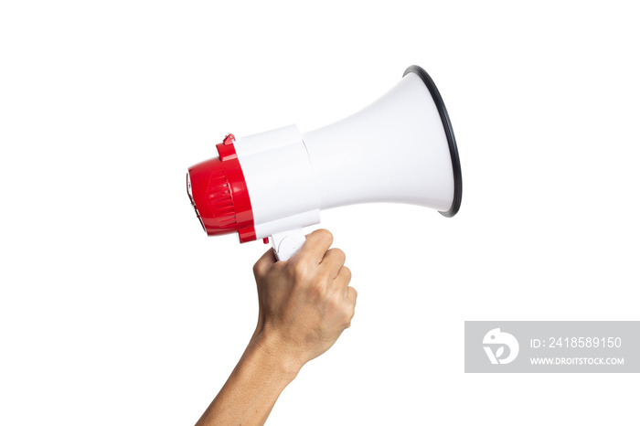 male hand holding a megaphone on a white background with clipping path