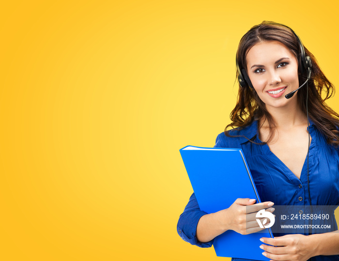 Call center servise. Customer support phone sales operator holding blue folder with copy space area 