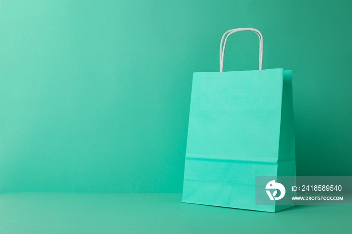 Blank paper bag on mint background, space for text